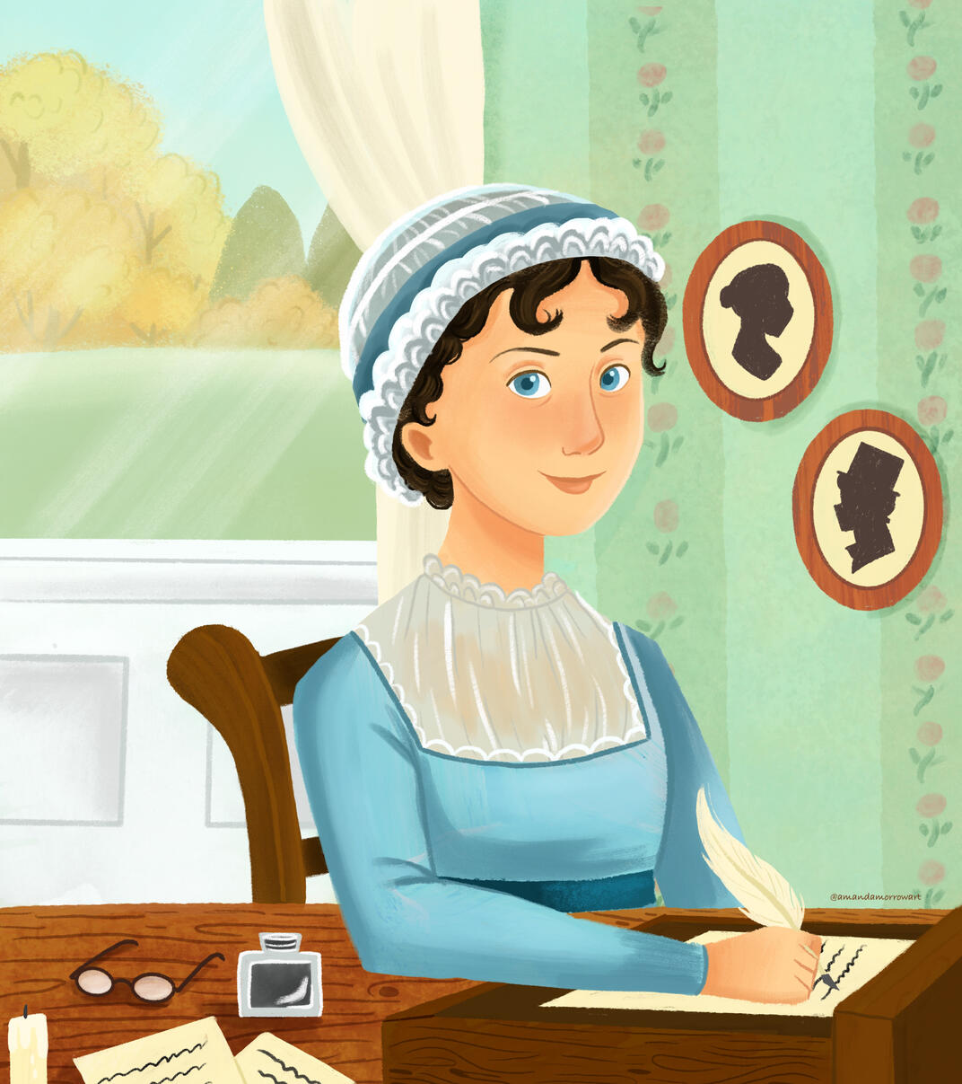 Untitled Illustration of Jane Austen writing at her desk. With the English countryside in the background.