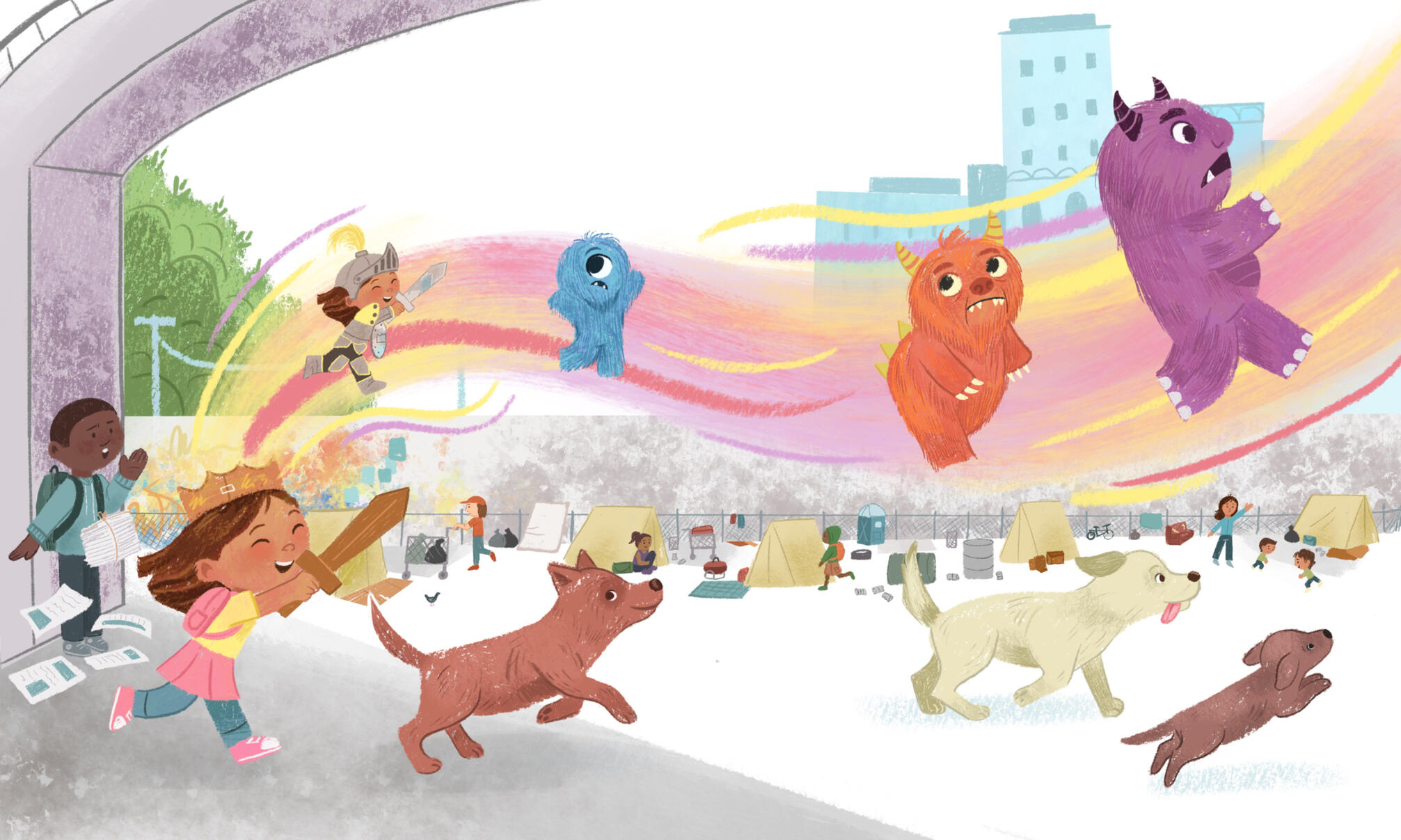 Untitled Illustration of a little girl running through a homeless encampment chasing dogs.