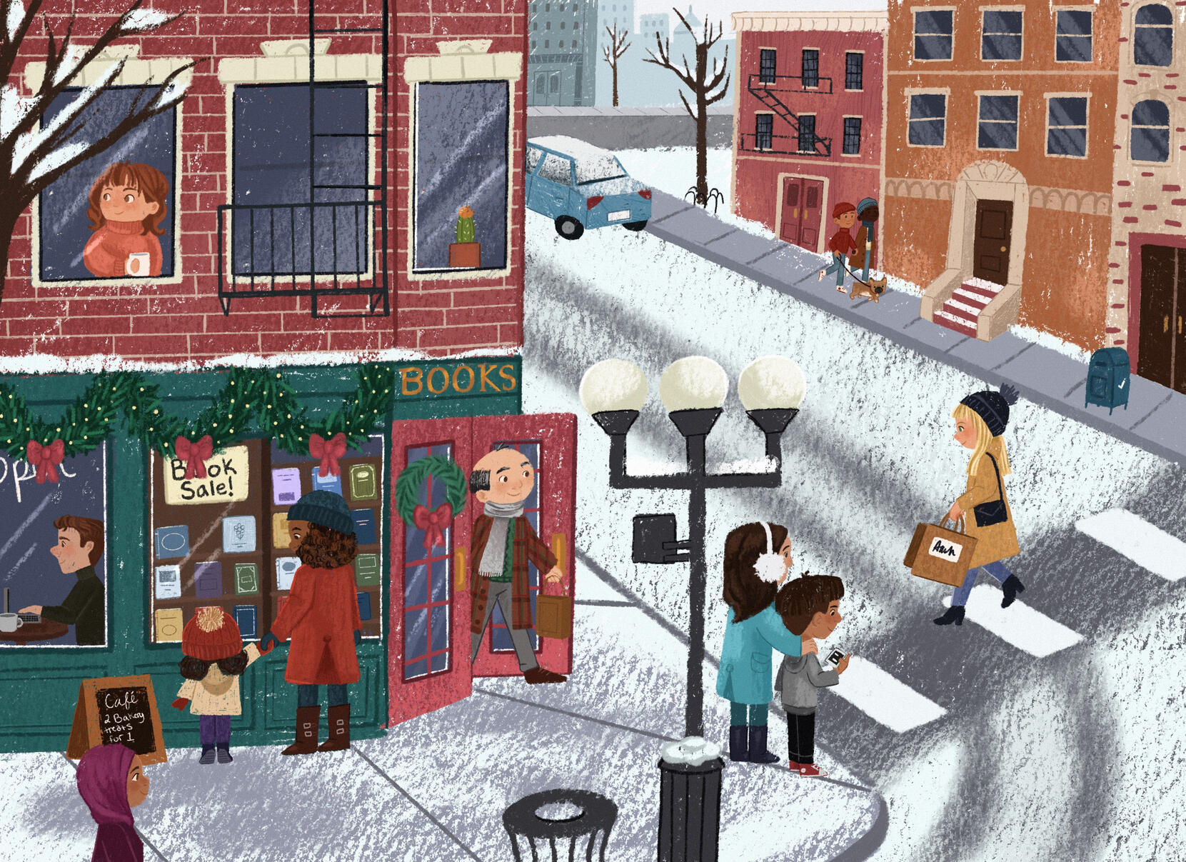 Untitled illustration of people holiday shopping in snowy NYC.
