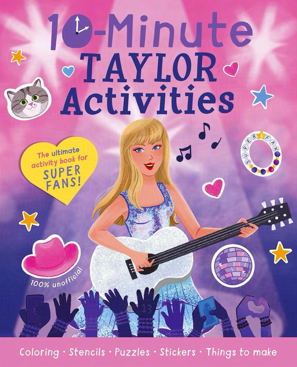 Untitled Cover of 10-Minute Taylor Activities. Illustration features Taylor Swift singing holding a sparkling guitar.