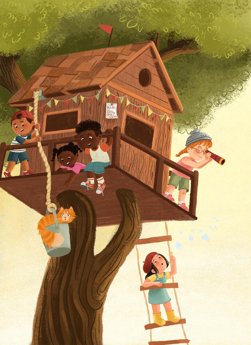 Untitled Illustration of kids in a treehouse bringing up an orange cat in a metal bucket.