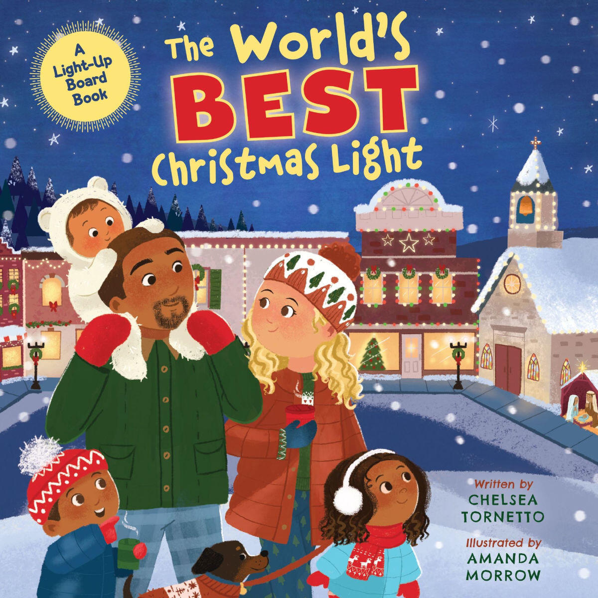 Untitled Cover of "The World's Best Christmas Light" Written by Chelsea Tornetto. Illustration is a family looking at bright, colorful Christmas light displays in a neighborhood.